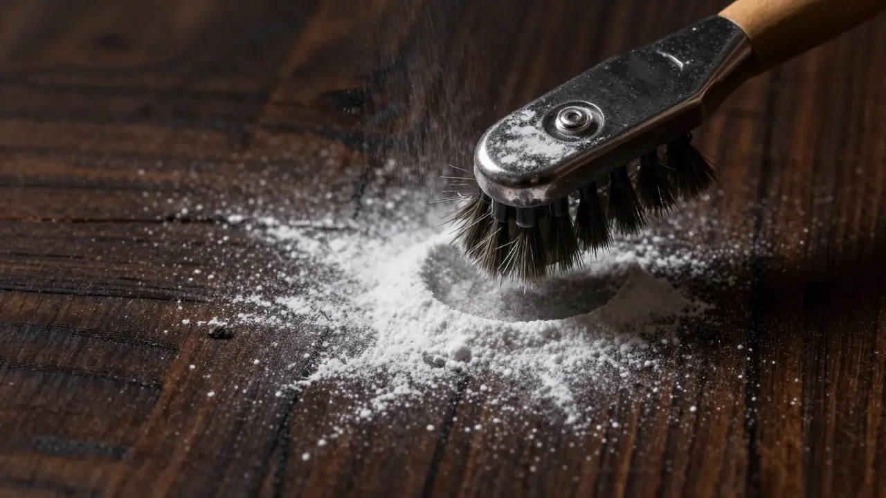 Magnetic brush hovering white powder over dark wood grain