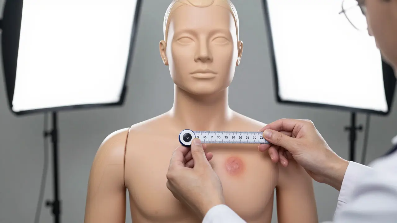 Medical examiner placing a scale next to a simulated injury