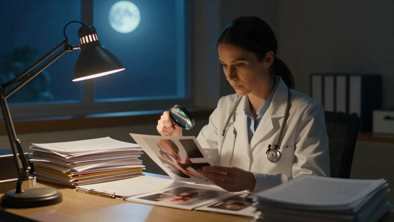 Medical examiner reviewing case files under warm desk lighting