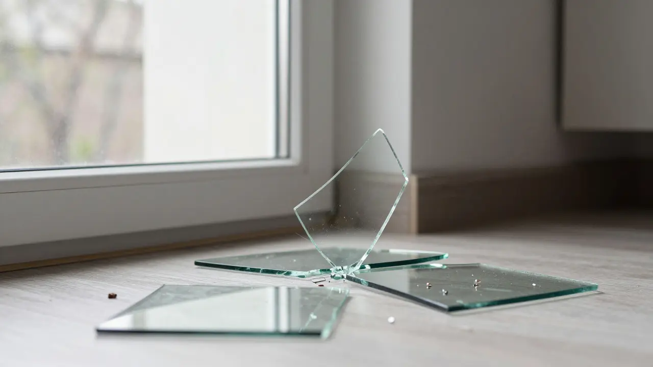 Medium-range shot of a broken window frame with shattered glass on the floor