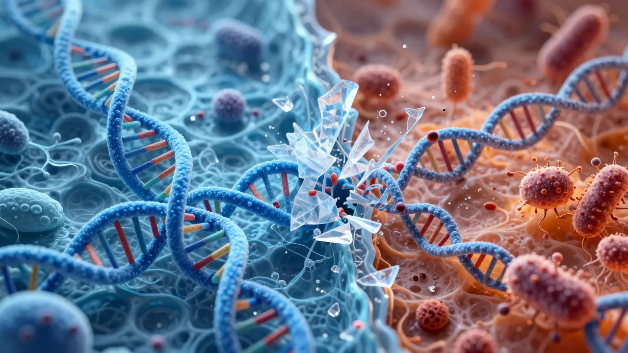 Microscopic view comparing intact DNA in cold vs degraded DNA in heat