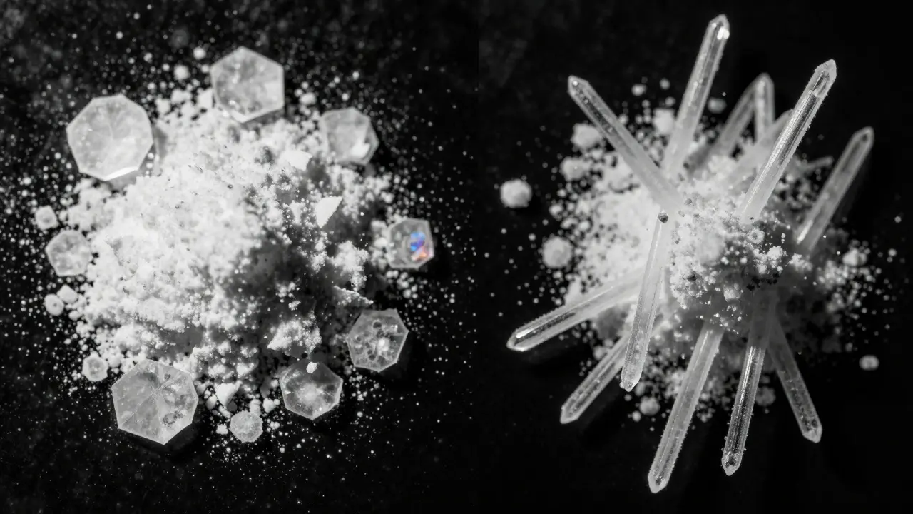 Microscopic view contrasting flat cocaine crystals with needle-like mannitol