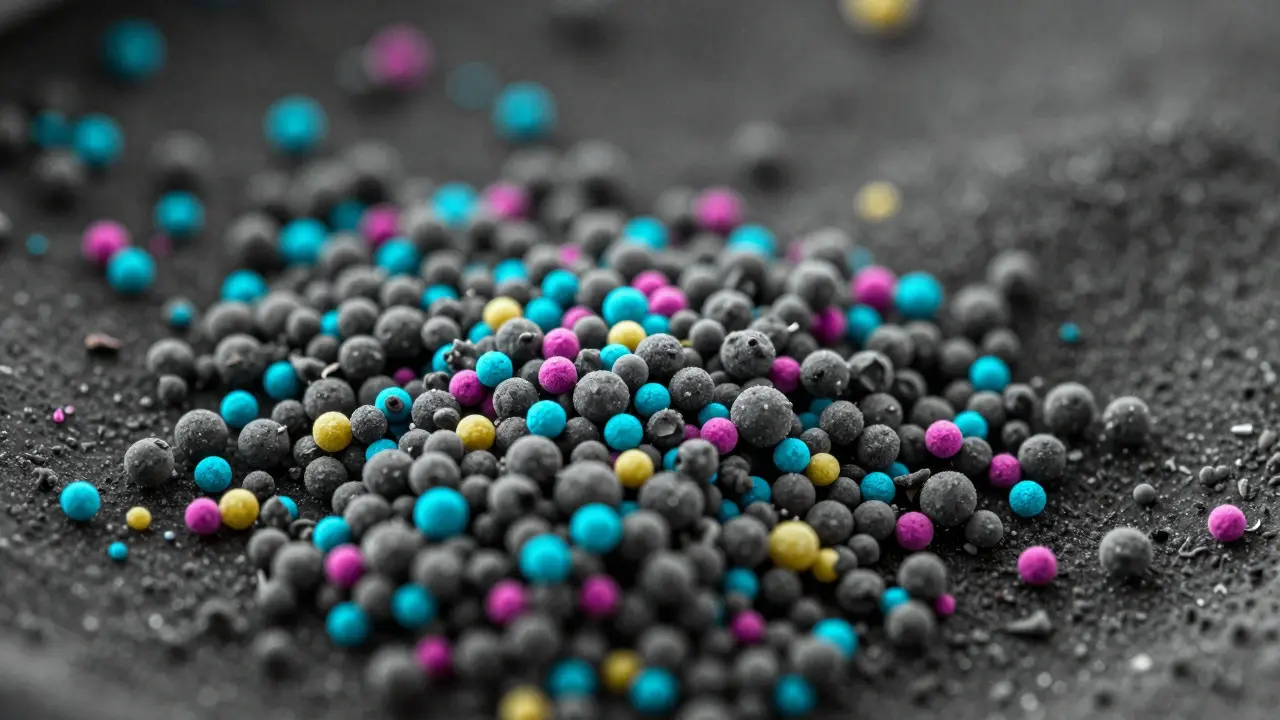 Microscopic view of colorful gunshot residue particles on a swab