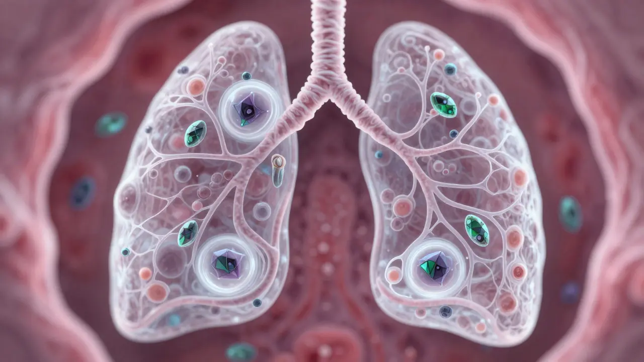 Microscopic view of lung tissue showing fluid and diatoms