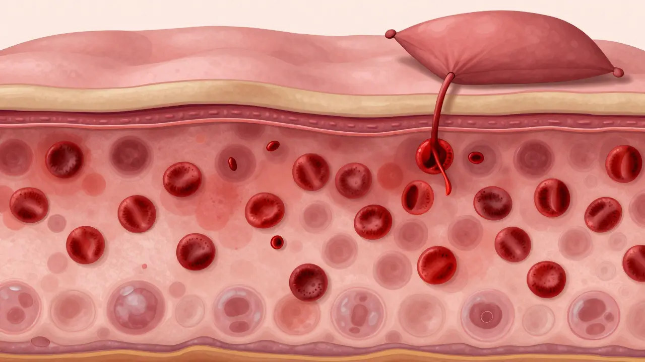 Microscopic view of skin tissue displaying subepidermal hemorrhages from pressure