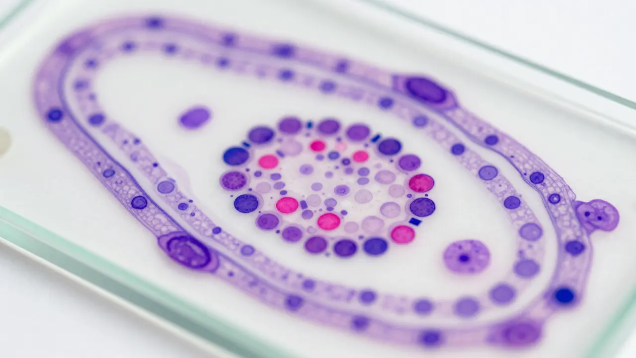 Microscopic view of stained tissue samples revealing cellular pathology