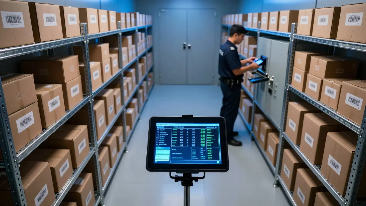 Modern evidence storage room with digital tracking system