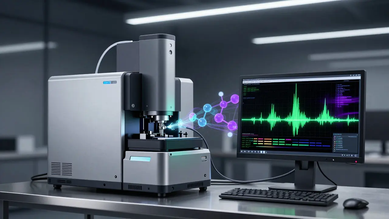 Modern mass spectrometry machine analyzing samples with glowing spectral data.