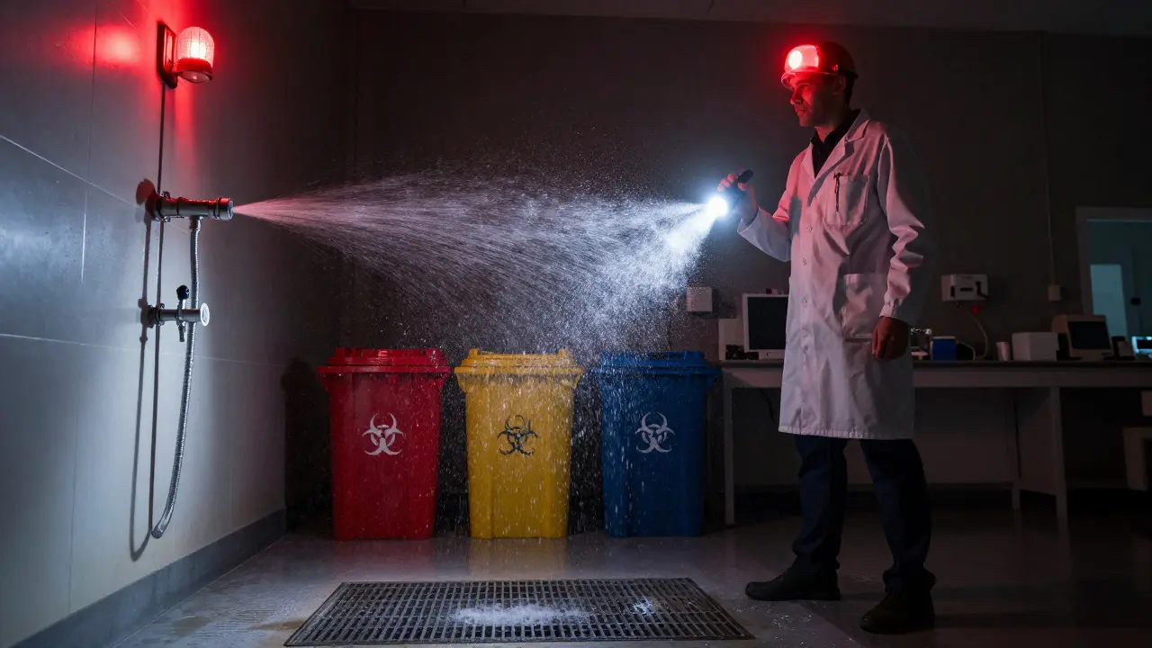 Night-shift technician testing an emergency shower in a lit lab