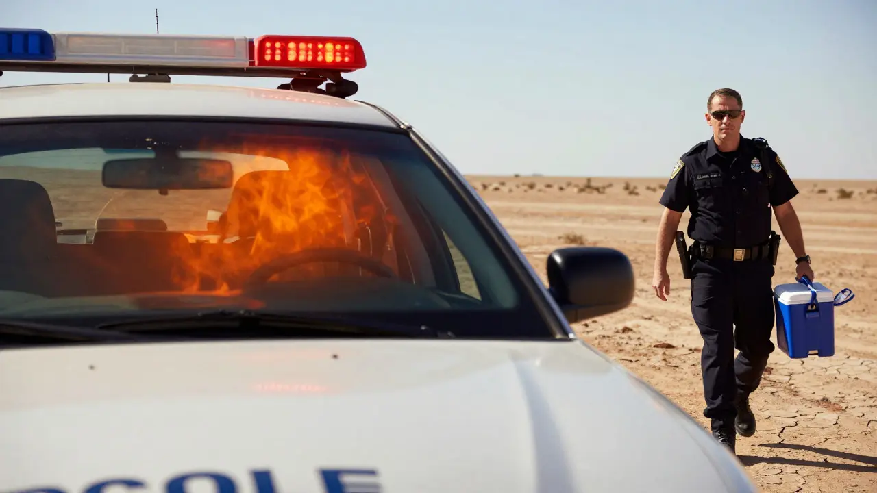Officer rushing to retrieve evidence from hot patrol car in desert