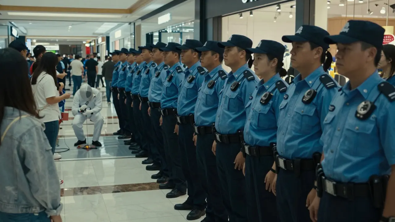Officers form a human barrier in a mall while a forensic expert examines evidence in the background