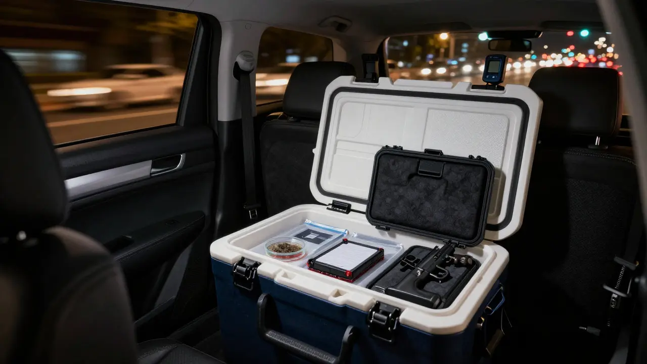 Organized evidence containers in a vehicle trunk at night
