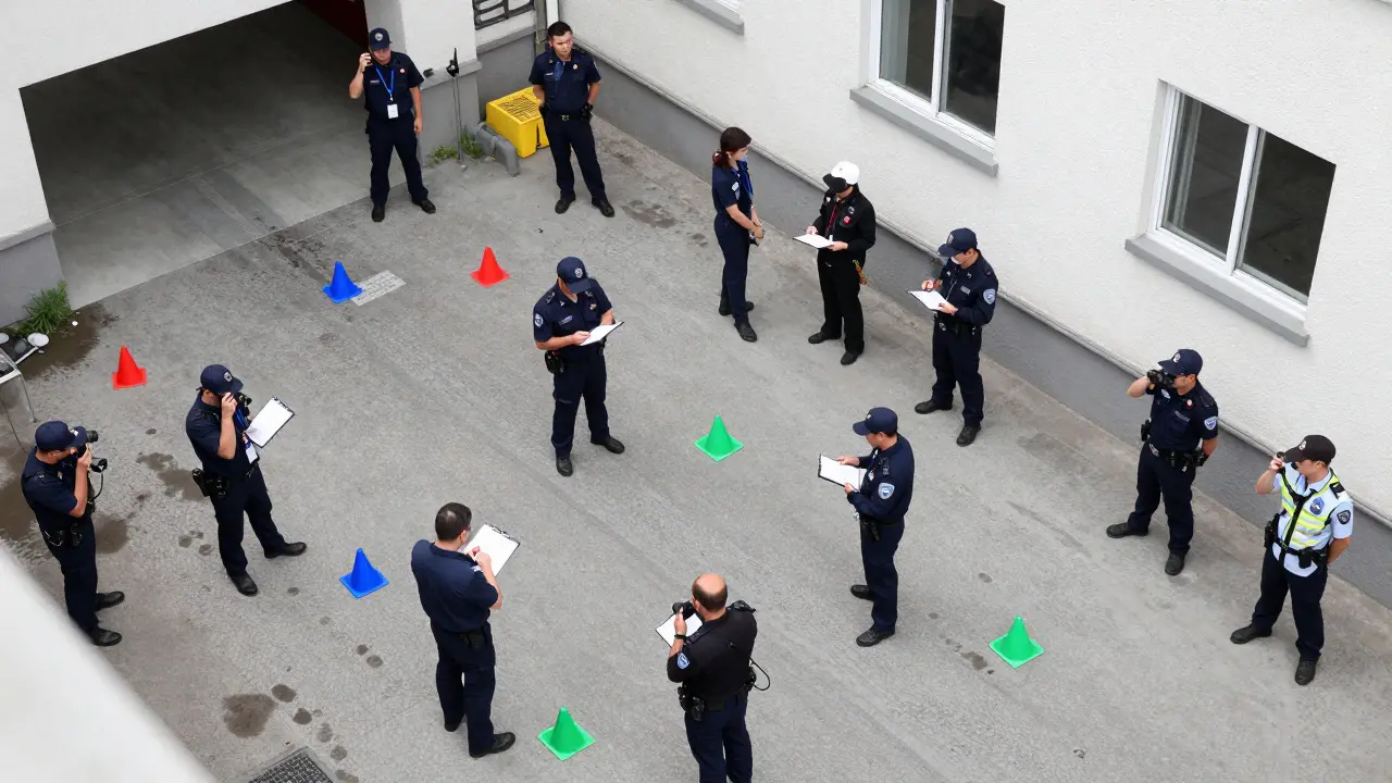 Overhead view of coordinated emergency teams managing distinct zones at a crime scene