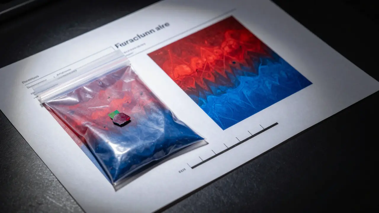 Paint chip evidence bag next to a report page with a labeled microscopic image
