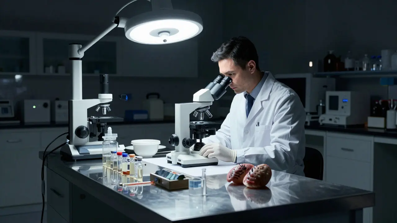 Pathologist examining samples in a forensic lab