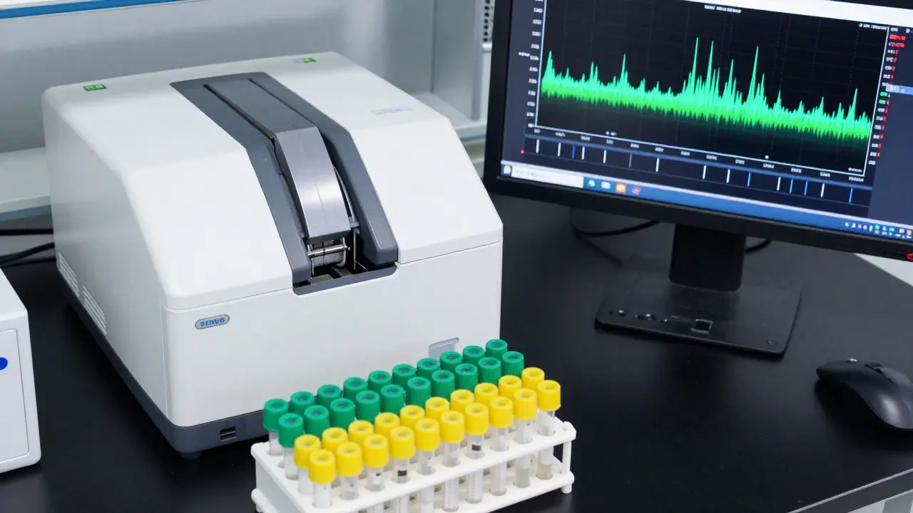PCR tubes and electrophoresis machine in a forensic lab
