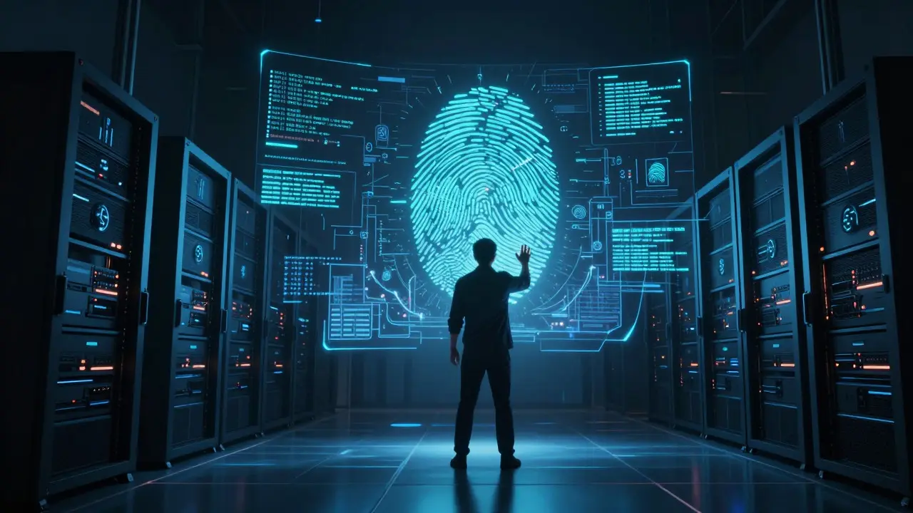 Person interacting with holographic forensic data and server racks in a futuristic setting