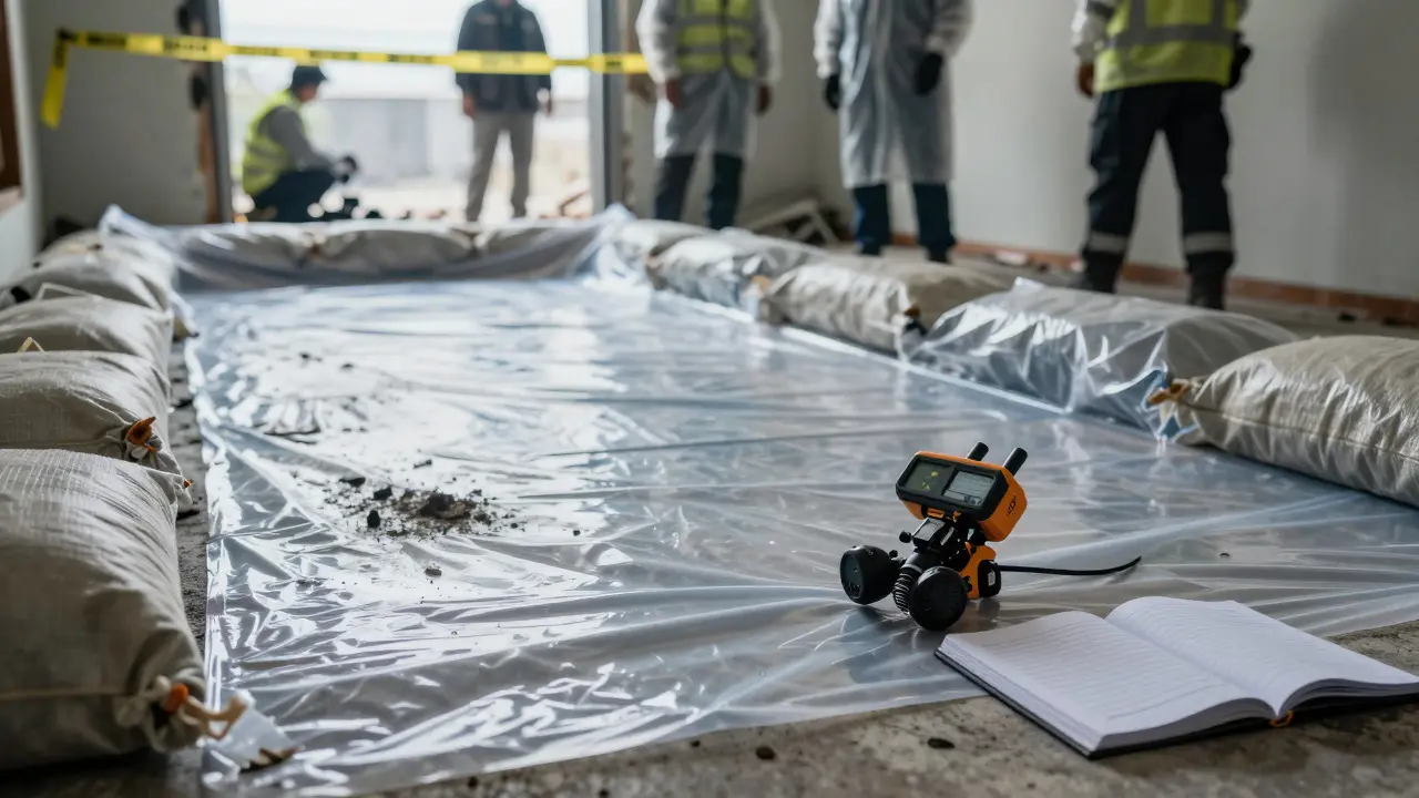 Plastic sheeting covering fire scene evidence with a gas detector nearby