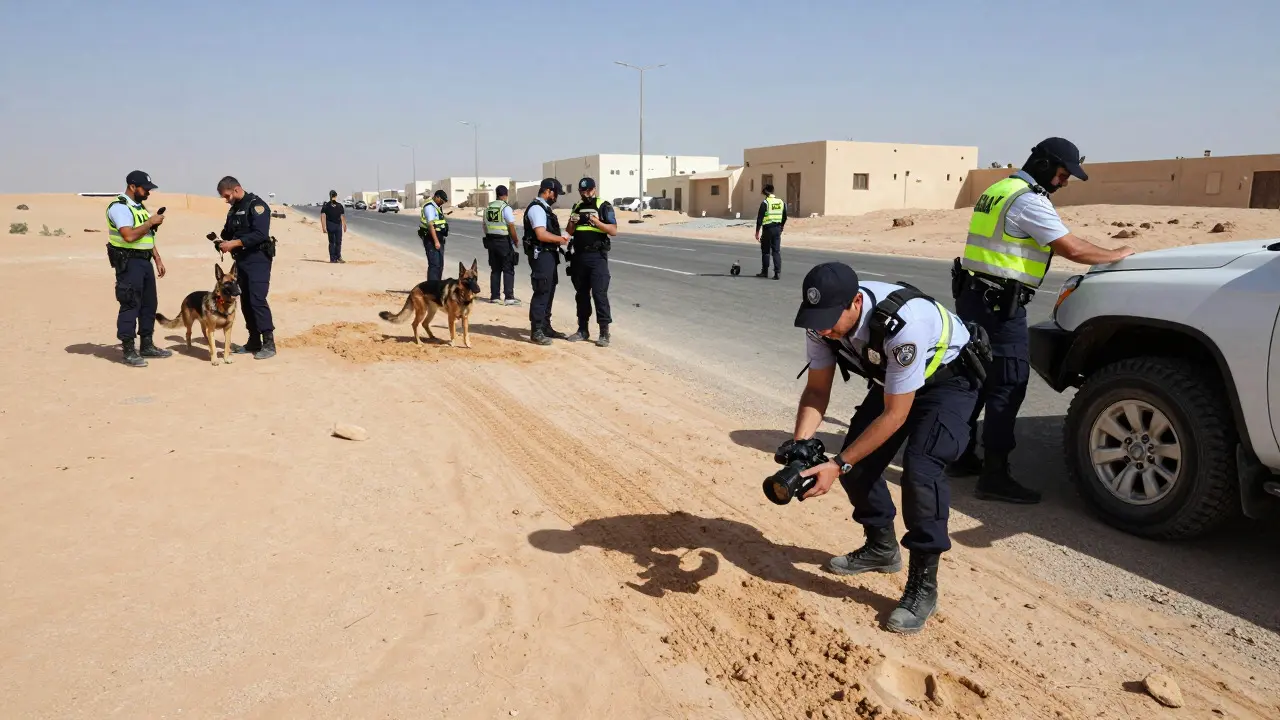 Police officers and K-9 units searching for footprints in a sunny outdoor area during a missing person case.