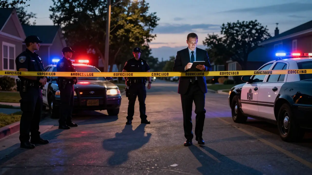 Police securing a crime scene perimeter as a detective arrives