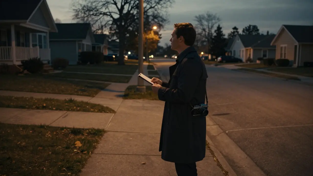 Private investigator observing a house from a street corner at dusk
