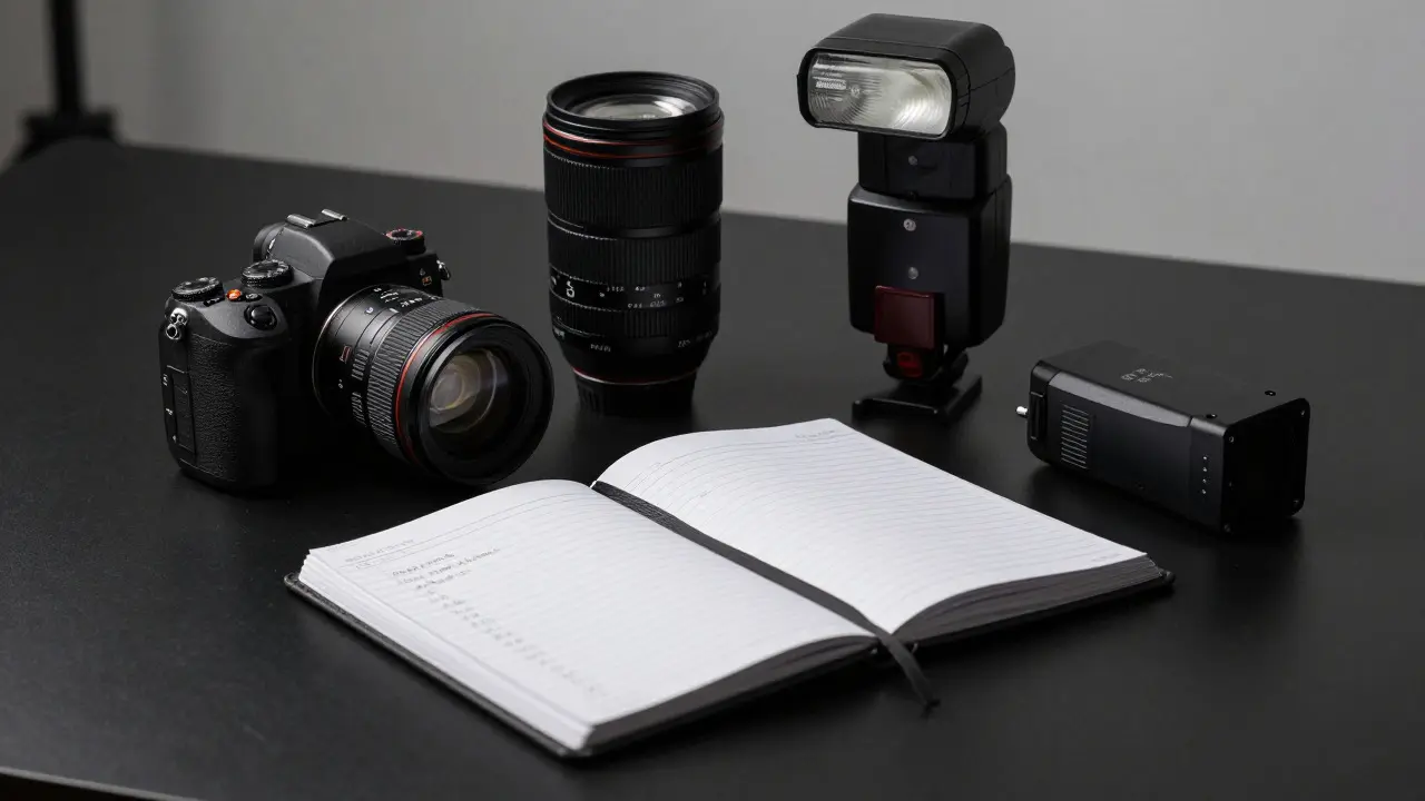 Professional forensic photography equipment including camera, lens, flash, and notebook on a table