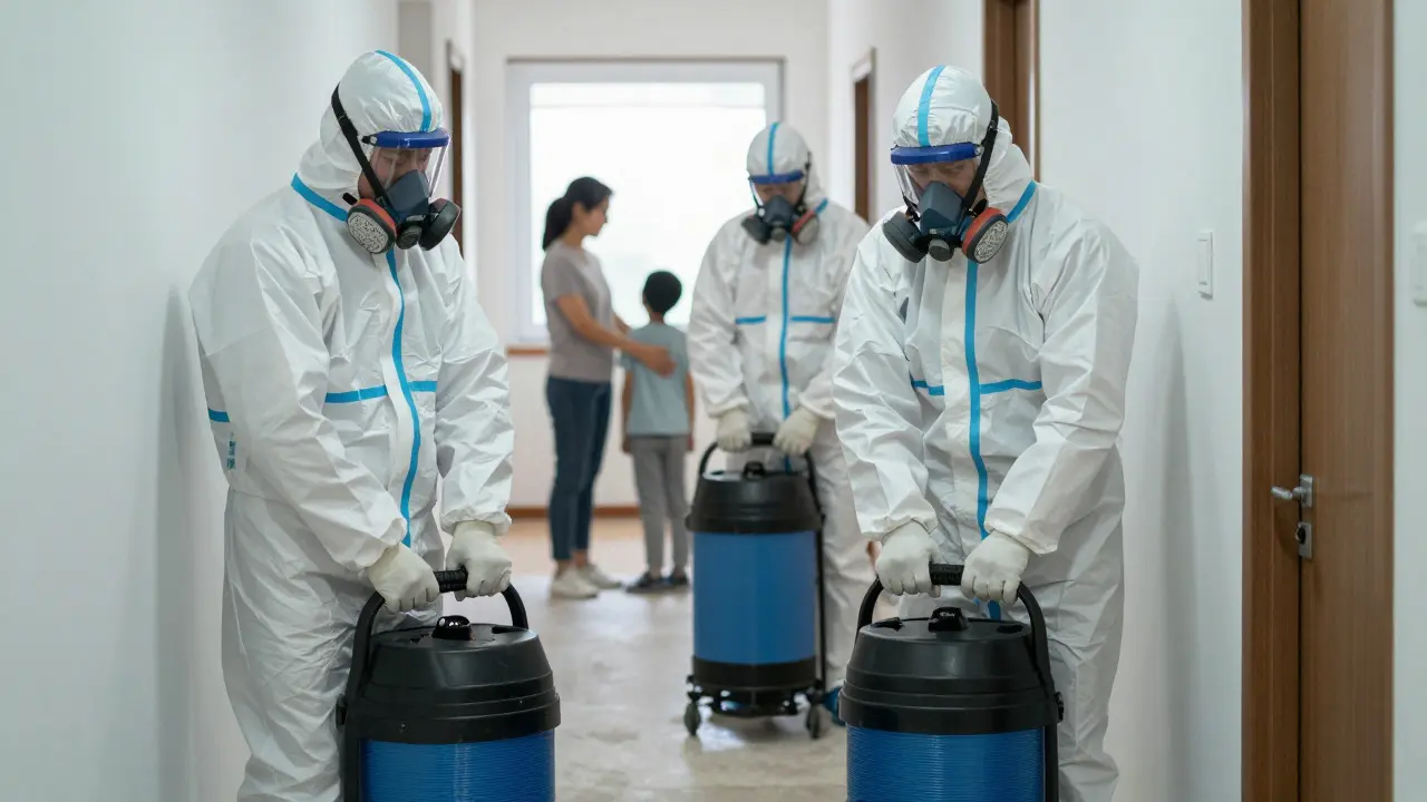 Professional restoration crew in PPE setting up containment gear in a home hallway while a family member watches.
