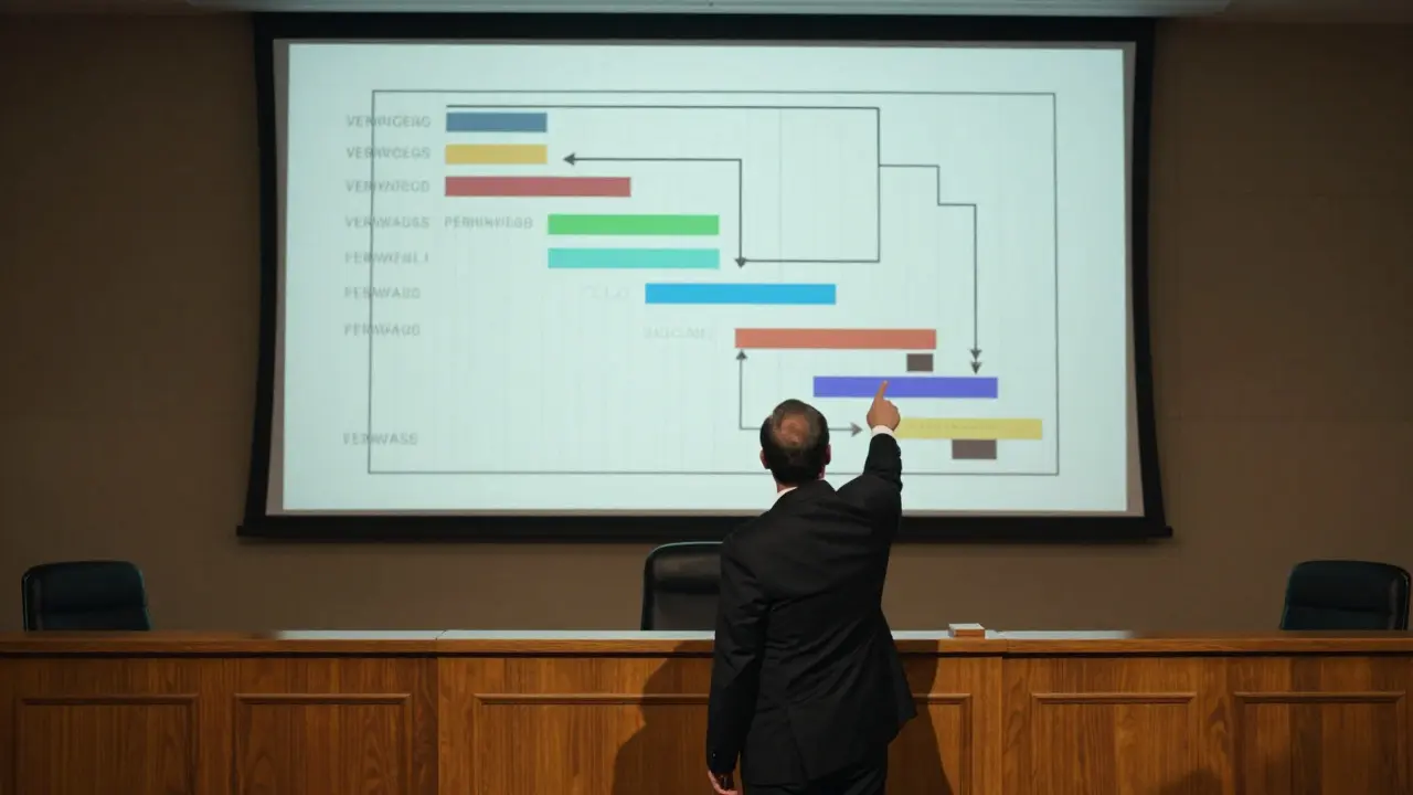 Prosecutor pointing to a timeline chart projected in a courtroom