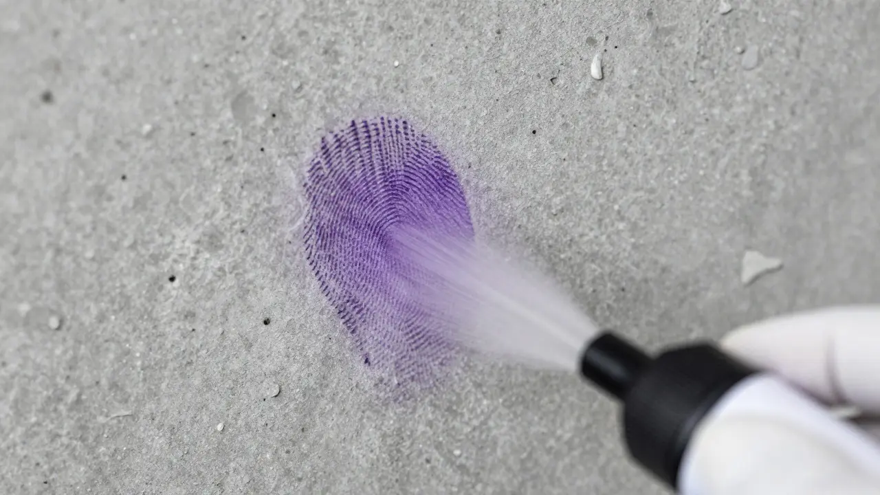 Purple fingerprint developed with ninhydrin on a rough concrete wall surface