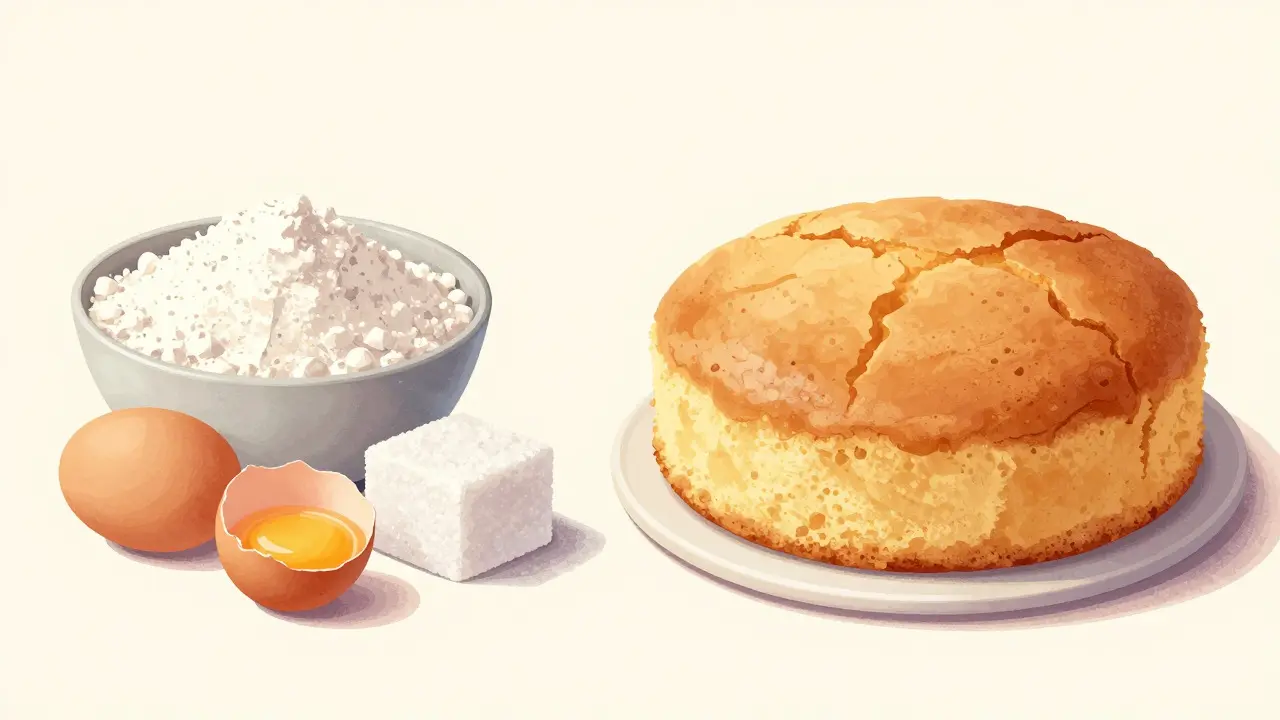 Raw ingredients like flour and eggs next to a baked cake illustrating data concepts