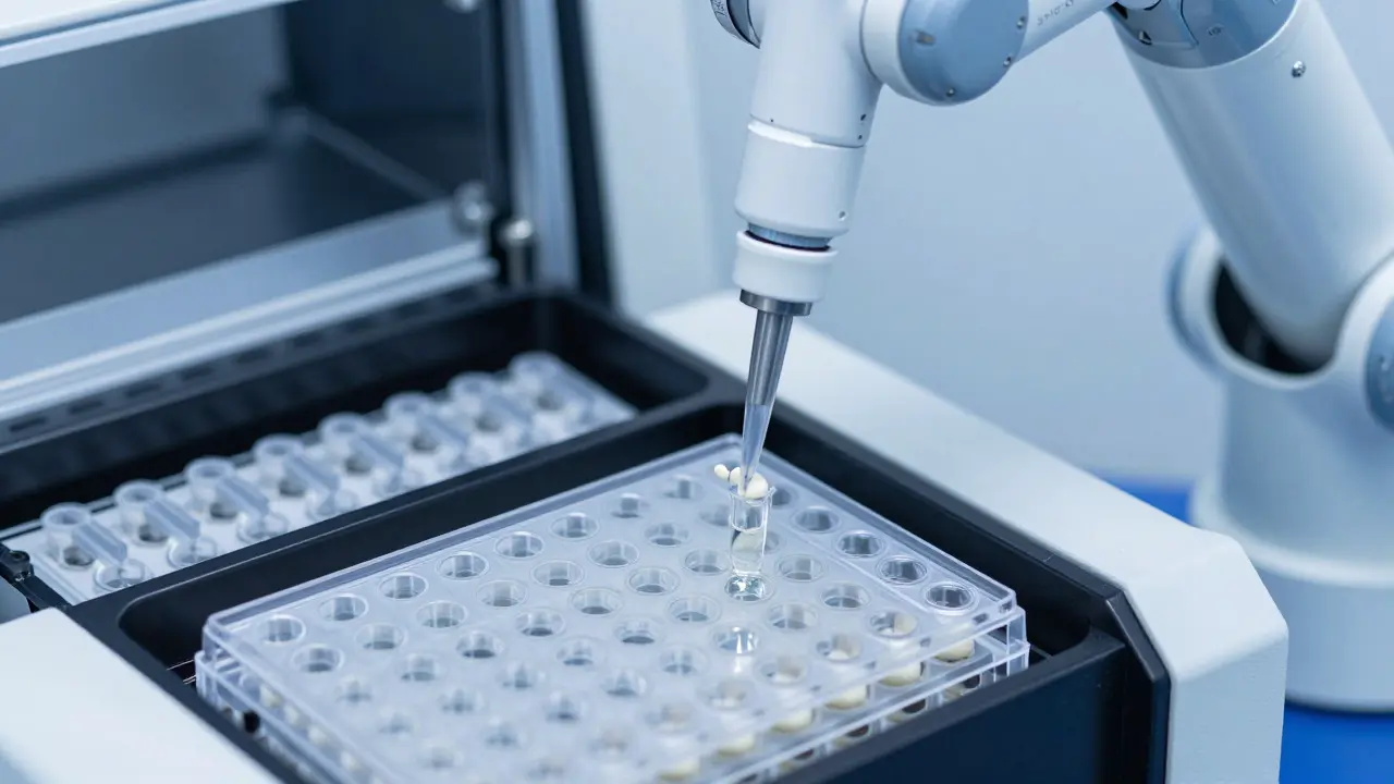 Robotic arm performing automated sample preparation in a lab
