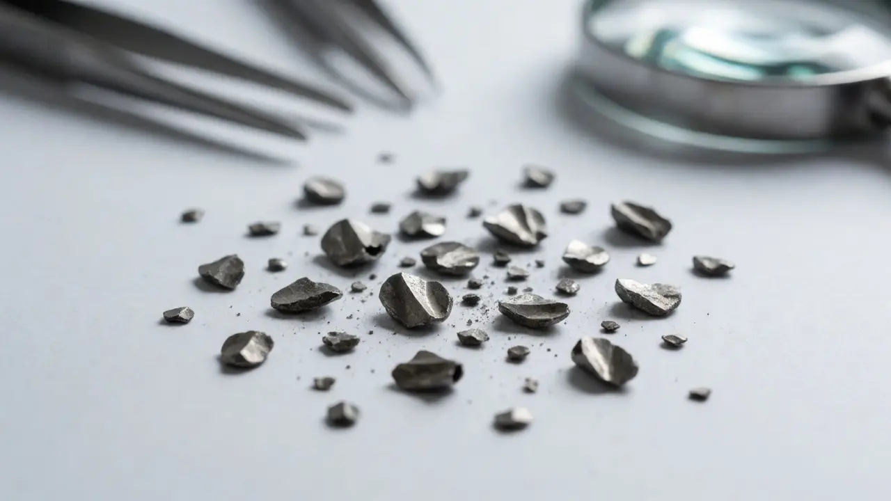 Scattered bullet fragments and lead shards on a white lab table during forensic analysis.