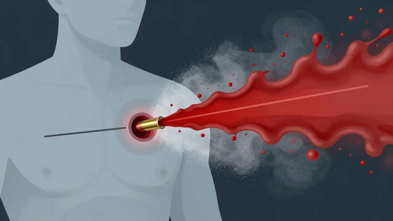 Scientific illustration of bullet trajectory and blood spatter direction