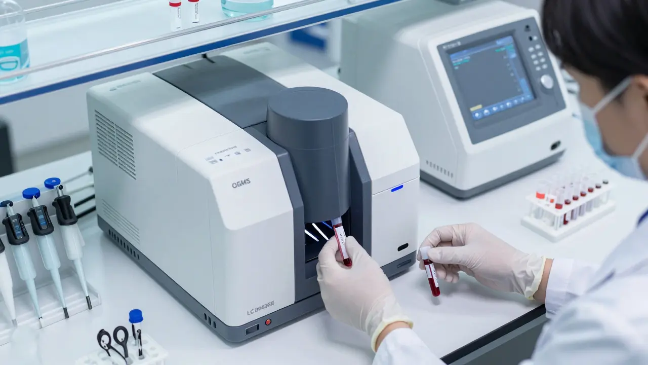 Scientist analyzing blood samples using advanced mass spectrometry equipment in a lab