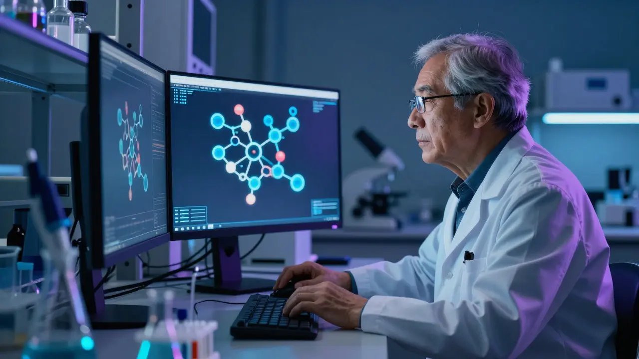 Scientist analyzing molecular structures on a high-tech monitor in a modern forensic lab