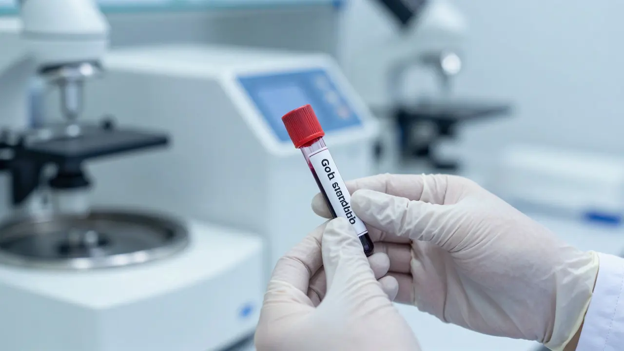 Scientist handling a blood vial in a forensic toxicology laboratory
