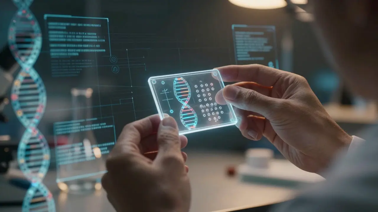 Scientist holding a microfluidic chip with AI data overlays in a futuristic lab setting