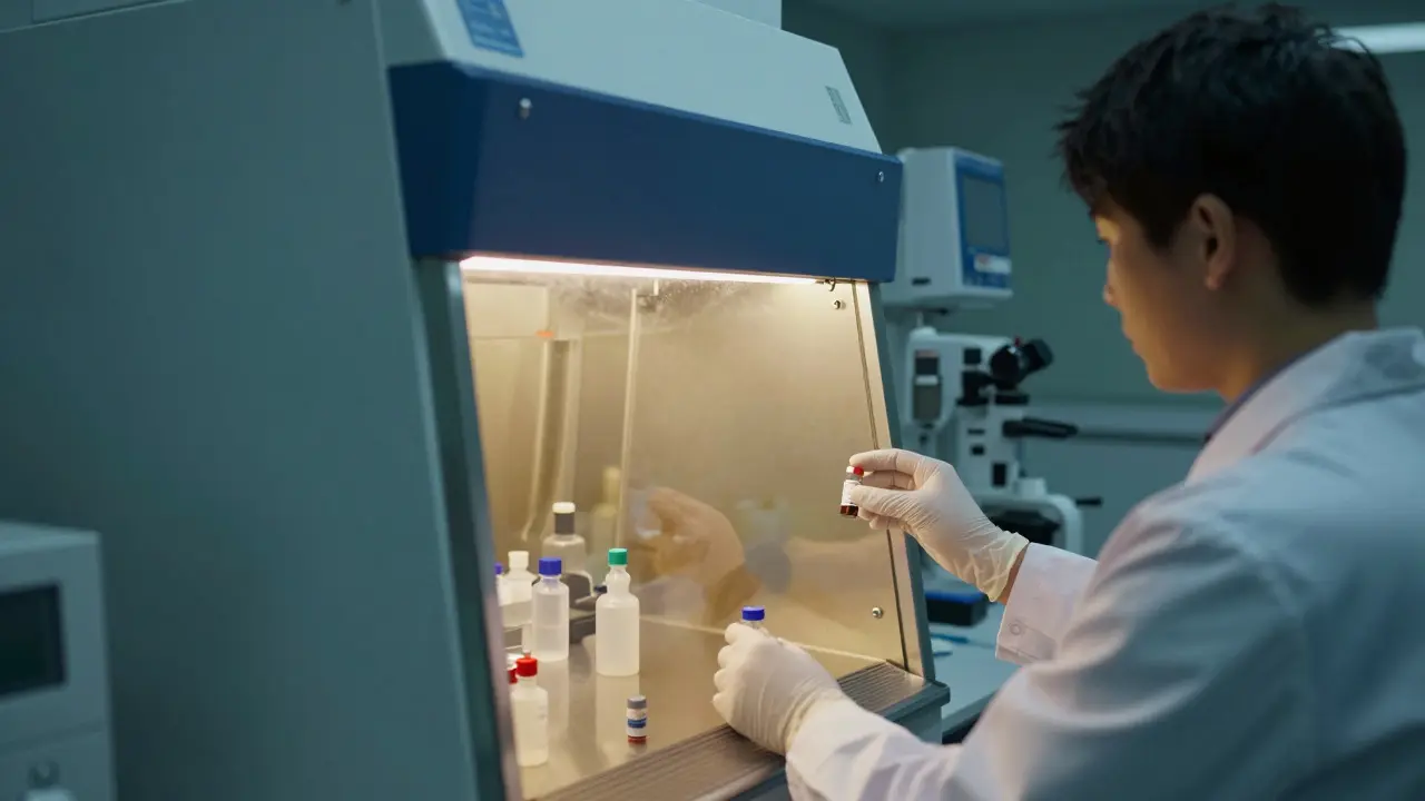Scientist in protective gear working with advanced mass spectrometry equipment