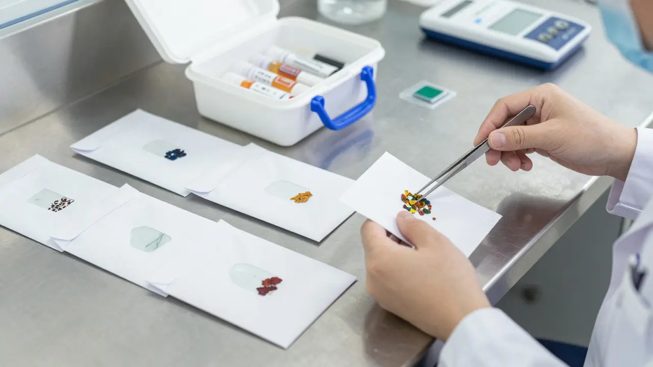 Scientist organizing paint chip and glass evidence in a lab