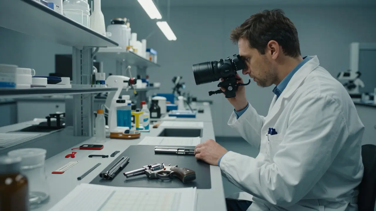 Scientist photographing restored firearm serial numbers in a forensic laboratory setting