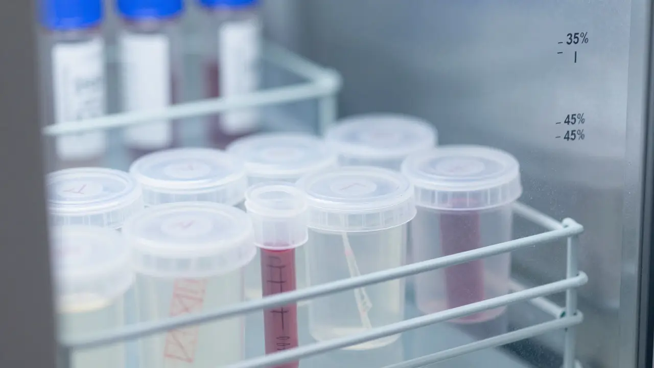 Sealed biological samples in climate-controlled cabinet with chemical jars nearby