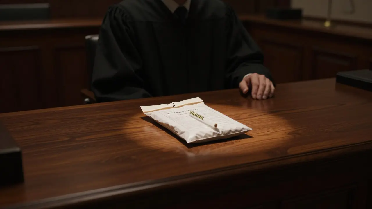 Sealed DNA evidence bag placed on a judge's bench in a courtroom