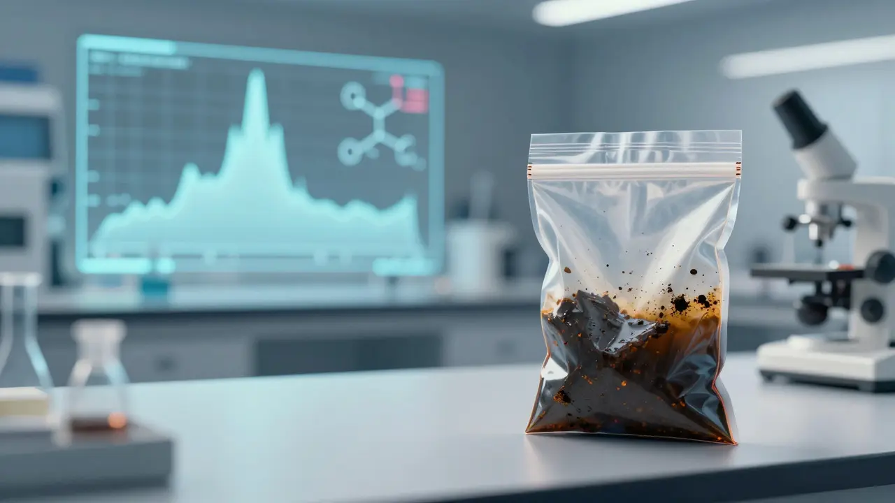 Sealed evidence bag with residue sample transitioning into abstract lab data visualization