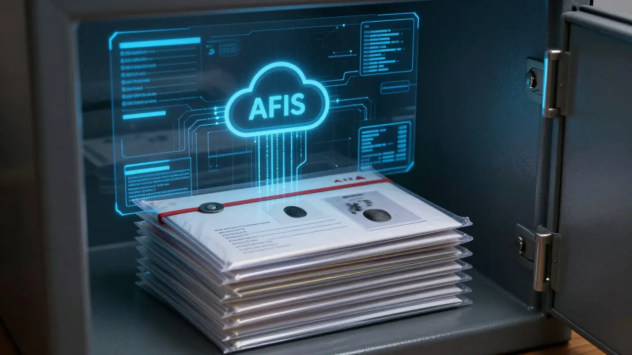 Sealed evidence envelopes stored in a safe with digital data stream overlay