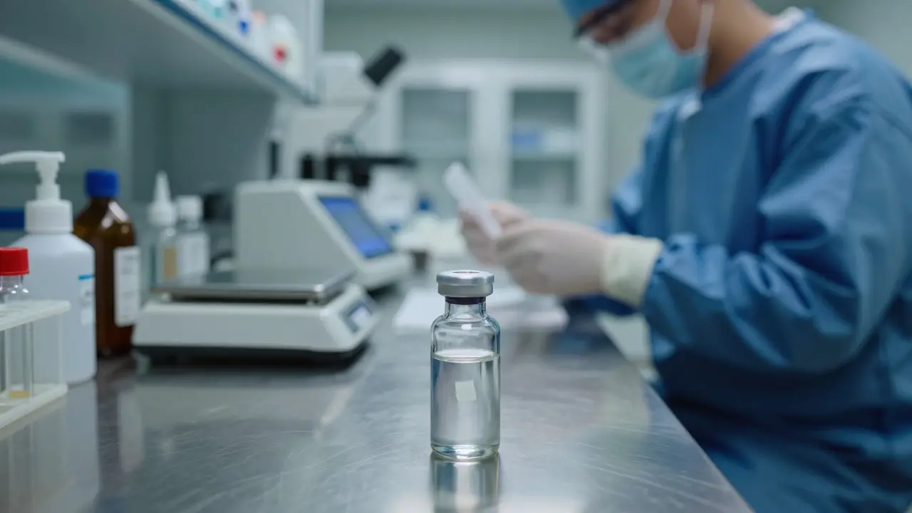 Sealed glass vial and technician in a forensic lab