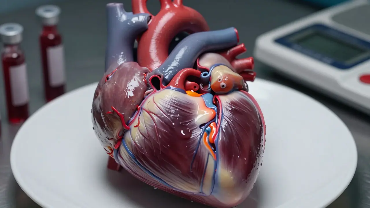 Sectioned human heart on a plate with medical vials and scale