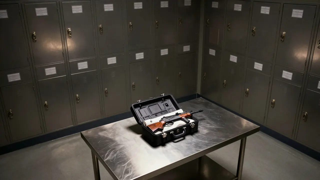 Secure evidence room with locked cabinets and a spotlighted firearm case