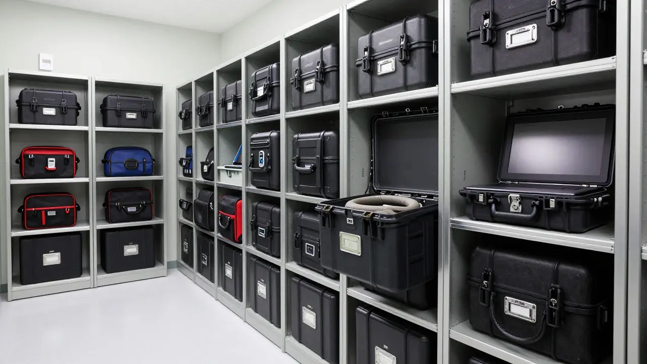 Shelves lined with hard-shell Faraday cases and pouches in an evidence locker