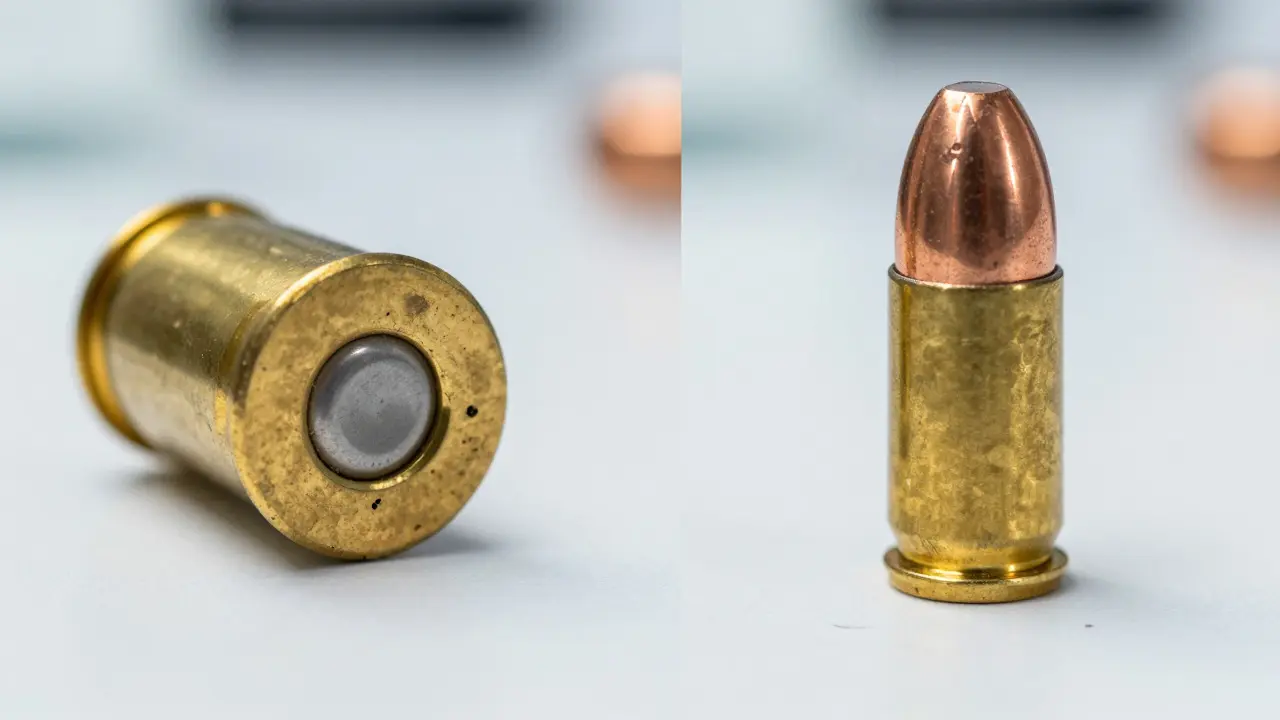 Side-by-side comparison of a brass cartridge case and a deformed copper bullet