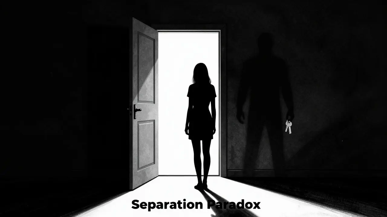 Silhouette of woman at door with shadowy figure behind, representing separation risk